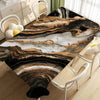 A waterproof marble table cloth featuring abstract brown and black marbled patterns displayed on a wooden floor.