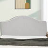 A light gray upholstered headboard cover with a subtle diamond pattern on a white bed frame.