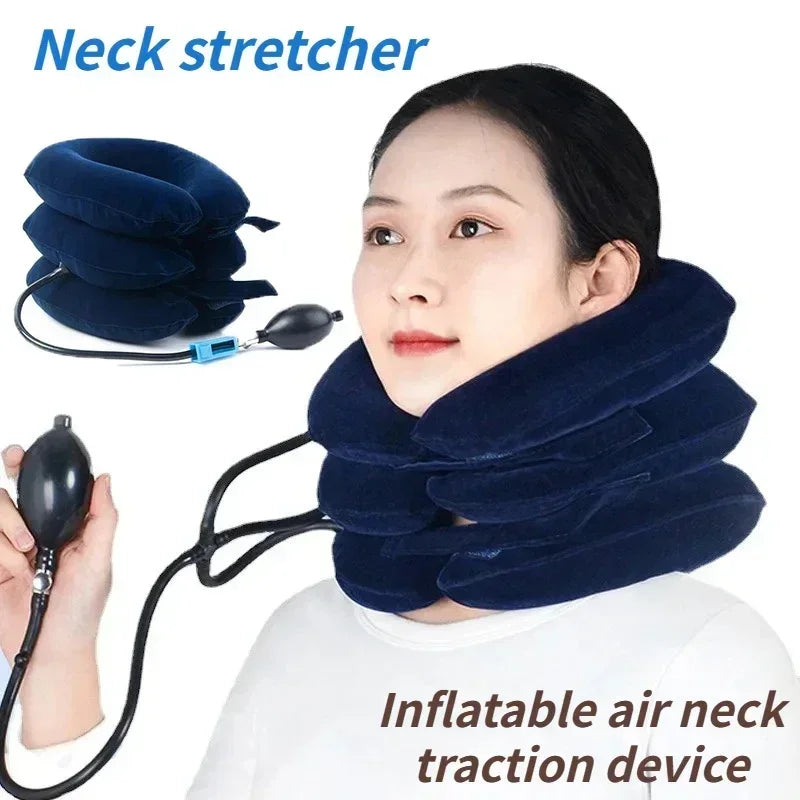 A woman is using a dark blue inflatable air neck traction device for stretching.