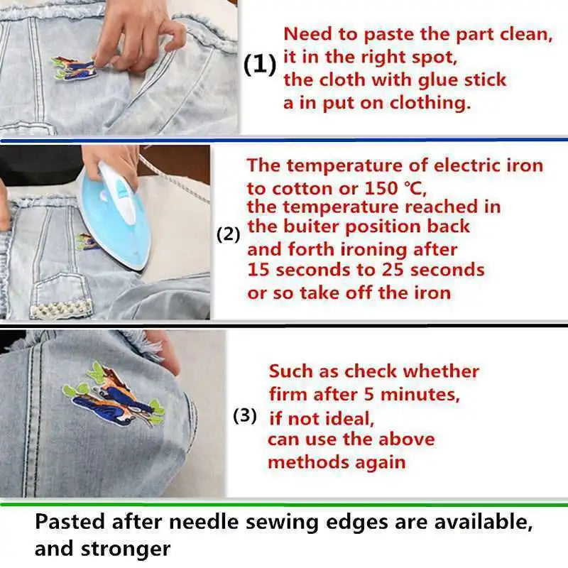 Instructions for pasting embroidered cartoon patches onto clothing using glue stick and an electric iron.
