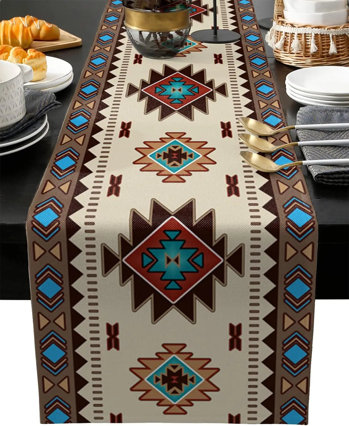 Bohemian linen table runner with an Indian-inspired geometric print featuring earthy tones and teal accents.