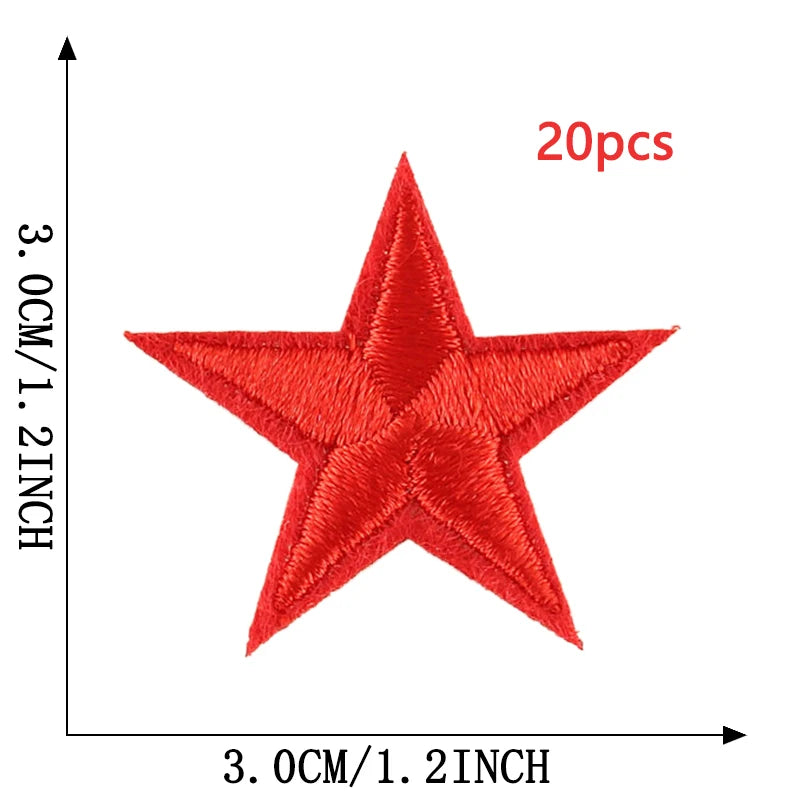 A red five-pointed star embroidery patch shown against a measurement scale.