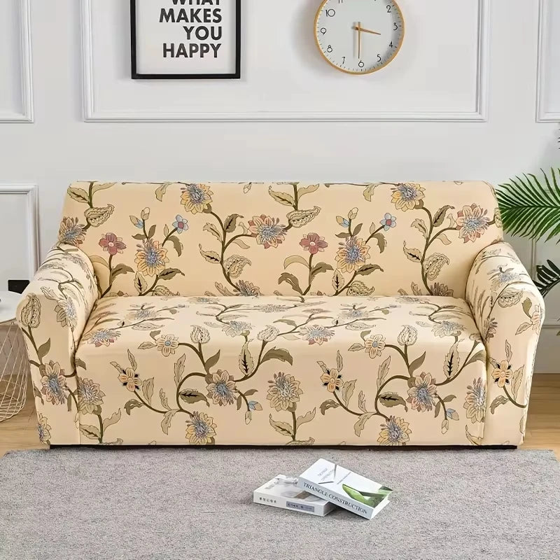 A beige elastic sofa cover protector featuring a floral print on a sofa.
