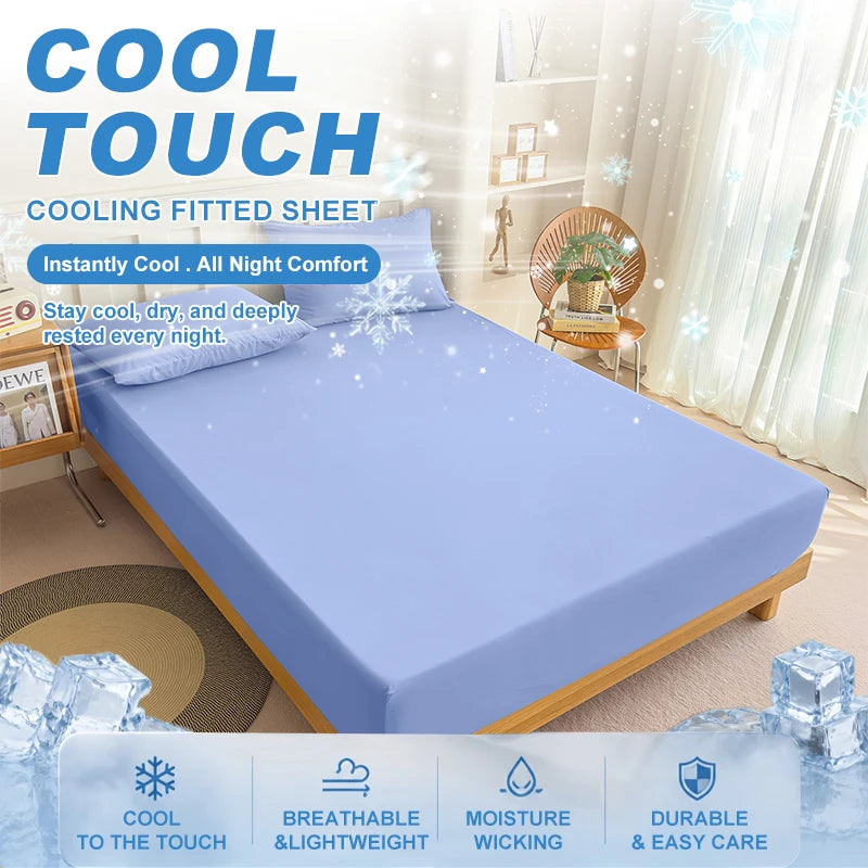 A blue cooling fitted sheet is displayed on a bed, emphasizing its cool touch and durable features.