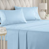 Light blue luxury microfiber bed sheet set featuring a duvet cover and pillowcases