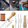 A complete leather craft sewing kit showing waxed thread, needles, and various tools for leatherwork.
