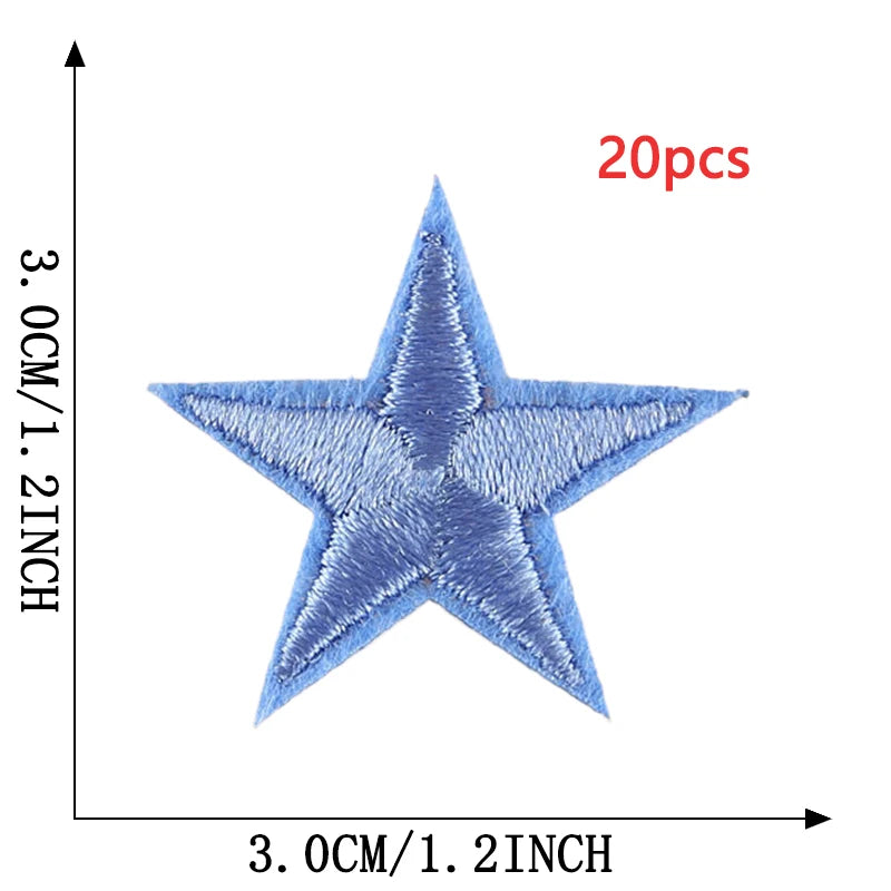 A blue five-pointed star embroidery patch shown against a measurement scale.
