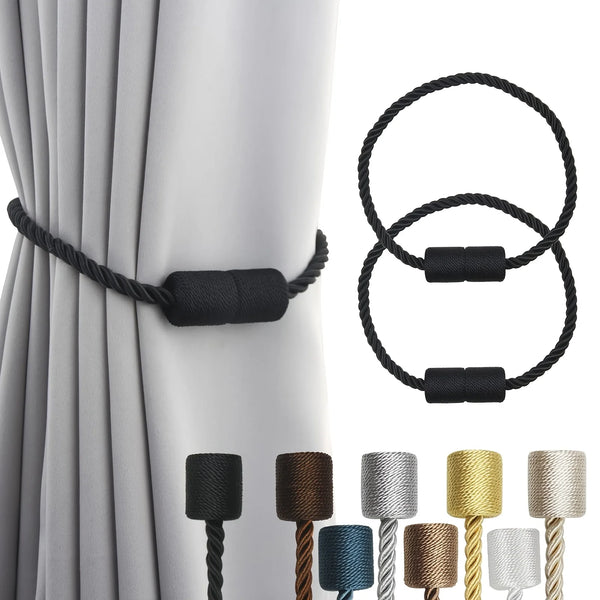 A set of magnetic curtain tiebacks in black and various metallic colors, shown against a gray curtain.