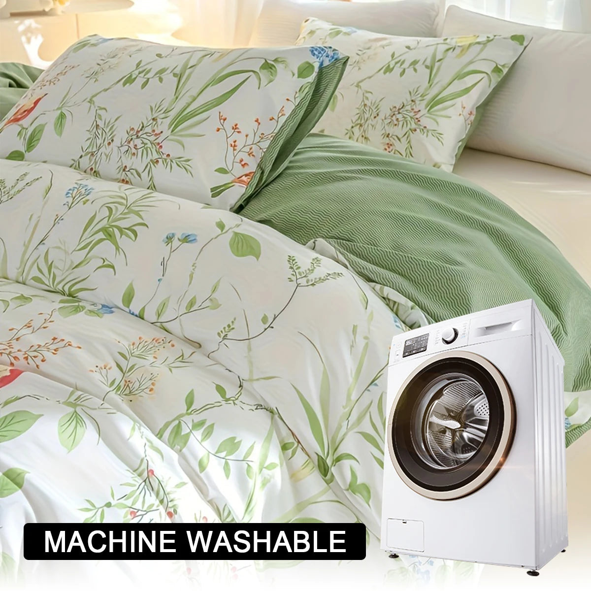 A white leaf floral duvet cover set is displayed next to a white washing machine.