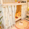 A white double-layer mesh bed canopy with lace trim featuring blue and orange patterned fabric and decorative elements.