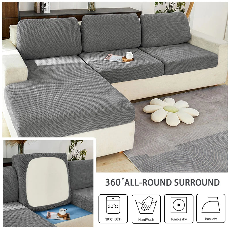 A gray jacquard knit sofa cushion cover is shown on a sectional sofa, with icons detailing care instructions.
