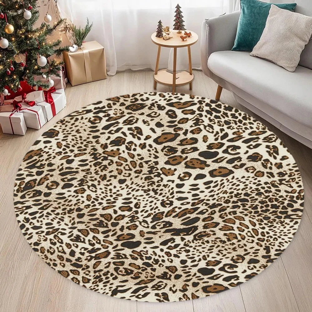 Circular leopard print anti-slip door mat rug on a light wood floor.