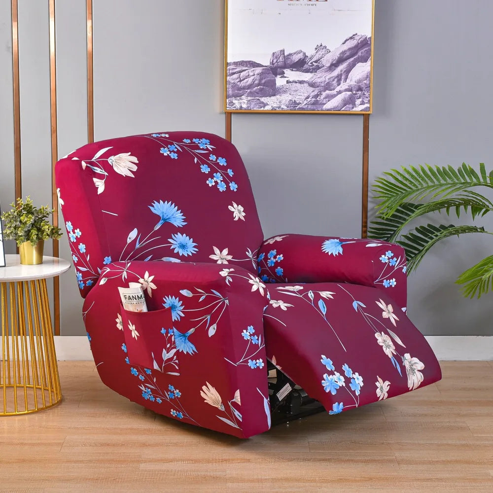 A deep magenta floral print recliner and sofa slipcover set displayed in a modern room.