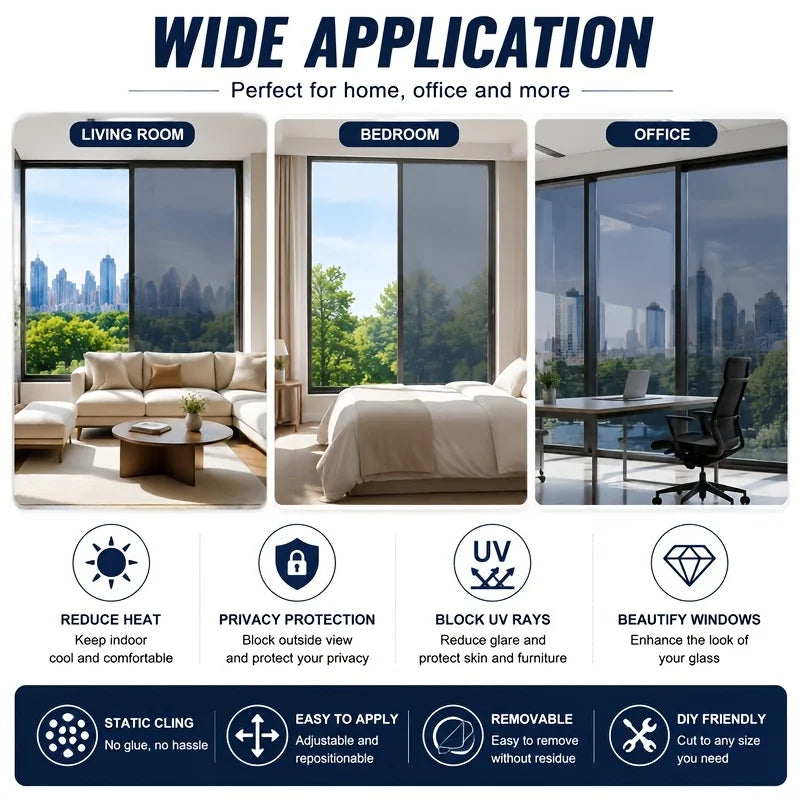 Window film for privacy, heat reduction, and glare control used in living room, bedroom, and office windows.