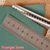 A stainless steel triangle-shaped pinking shear is shown next to a ruler on a green background.
