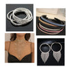 A collection of multi-color glass rhinestone chains and necklaces displayed in various coiled and layered arrangements.