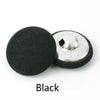 A single black round fabric-covered shank button with a silver backing is shown.