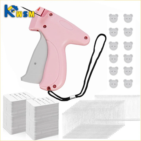 A pink silicone sewing gun with a gray blade and multiple silicone labels and needles.