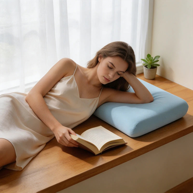 A young woman lies on a wooden surface reading a book with her elbow resting on a light blue ice silk cooling pillow.