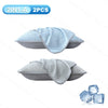 Two light blue ice silk cooling pillowcases are shown, with a piece of ice nearby.