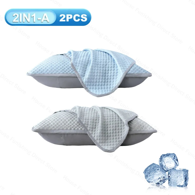 Two light blue ice silk cooling pillowcases are shown, with a piece of ice nearby.