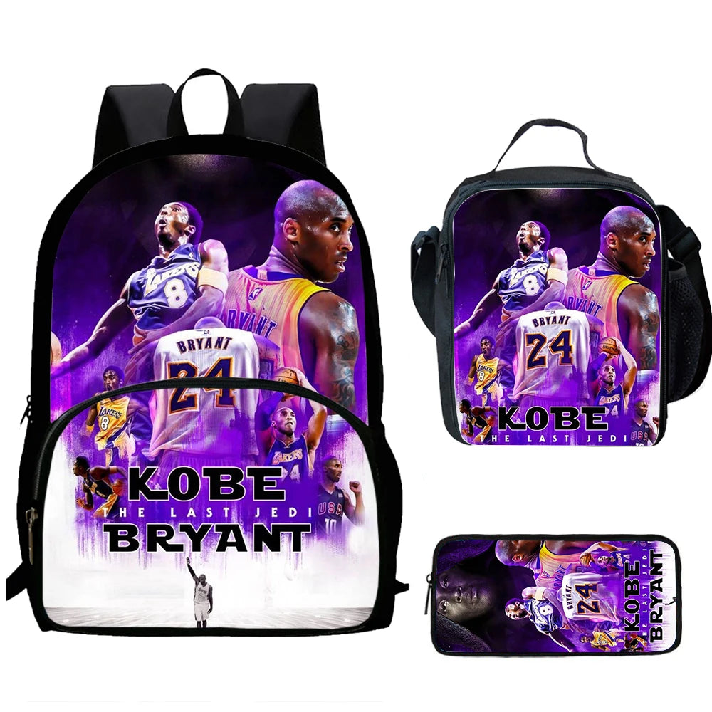 A black backpack set featuring graphic designs of Kobe Bryant and LeBron James.