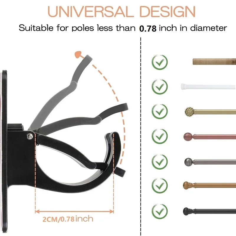 Universal design non-drill curtain rod brackets suitable for poles less than 0.78 inch in diameter