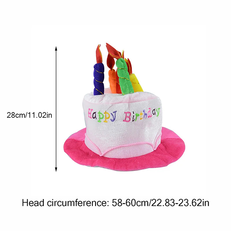 A pink birthday hat with colorful candle sticks is shown next to a measurement scale.