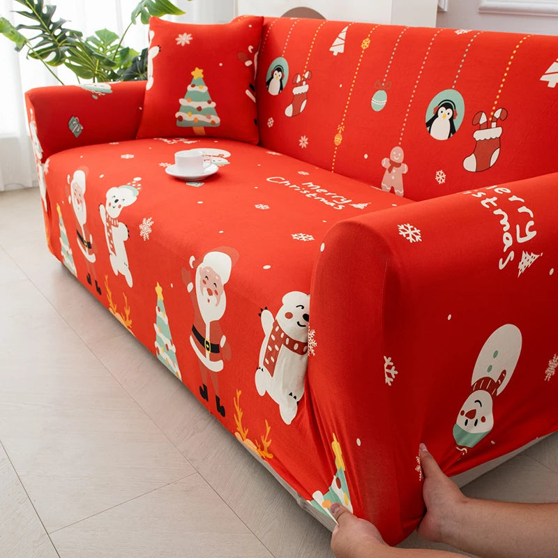 An orange festive sofa cover featuring Christmas and winter holiday patterns on a sofa.