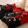 Red and black bedding set featuring a crown and rose pattern with the words Ring Queen and Queen