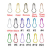 A collection of 24 gourd-shaped locking safety pins in various colors including silver, gold, bronze, black, and rose gold.