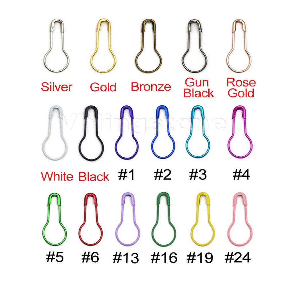 A collection of 24 gourd-shaped locking safety pins in various colors including silver, gold, bronze, black, and rose gold.