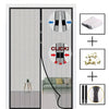 Magnetic screen door curtain with installation guide showing the sliding mechanism and fabric details
