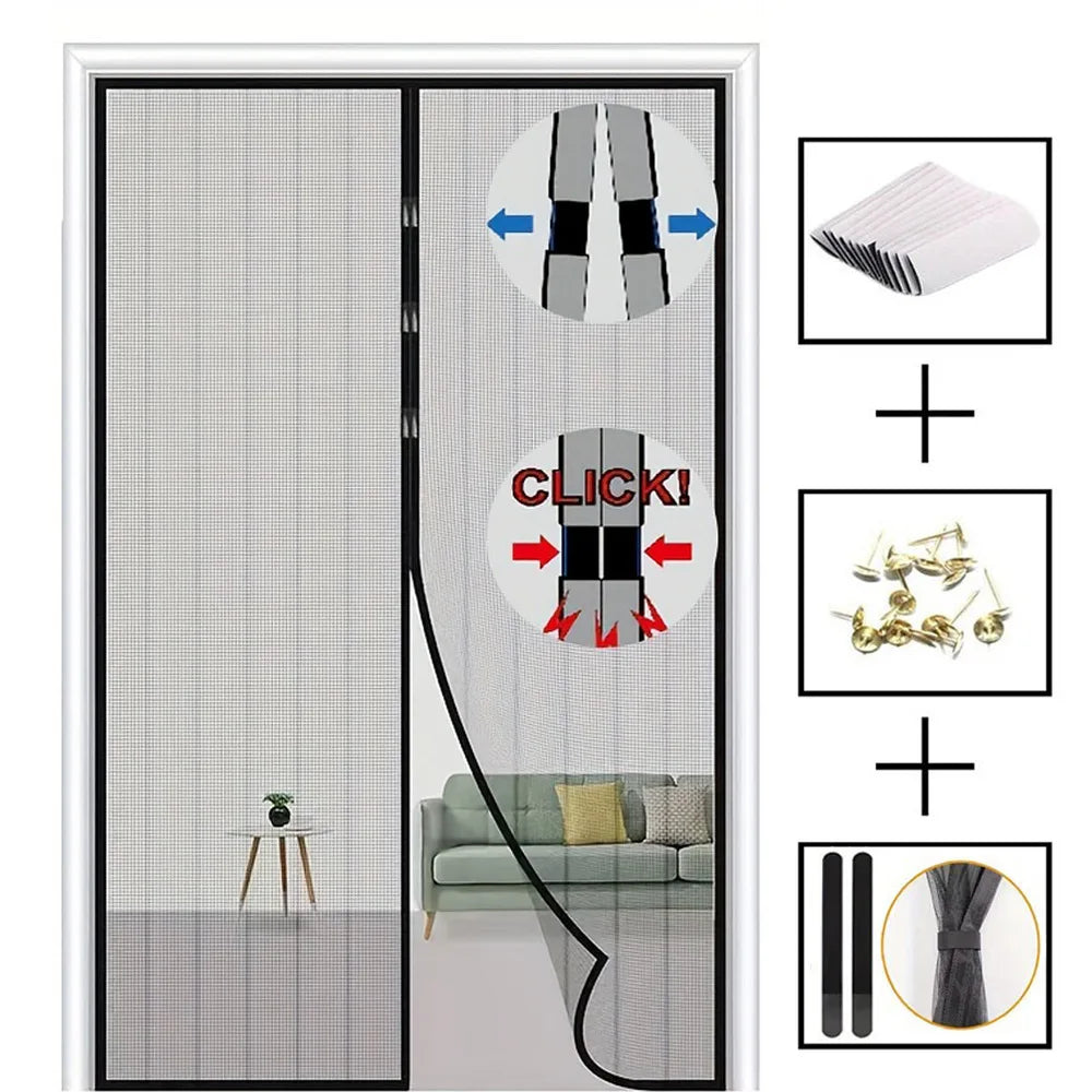 Magnetic screen door curtain with installation guide showing the sliding mechanism and fabric details