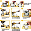 A seven-step process demonstrating how to use a professional button making machine kit to press buttons into molds.