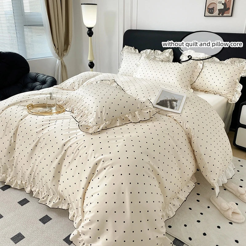 A beige Korean lace duvet cover set displayed on a bed with white pillows and a decorative mirror.