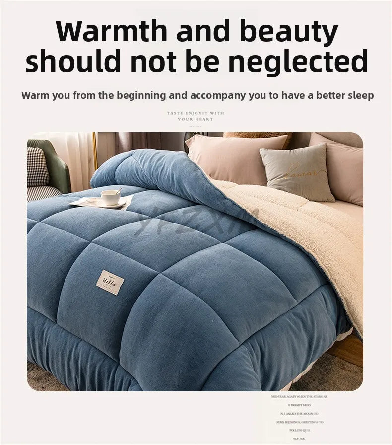 A deep blue weighted fleece blanket is shown on a bed, emphasizing warmth and comfort.