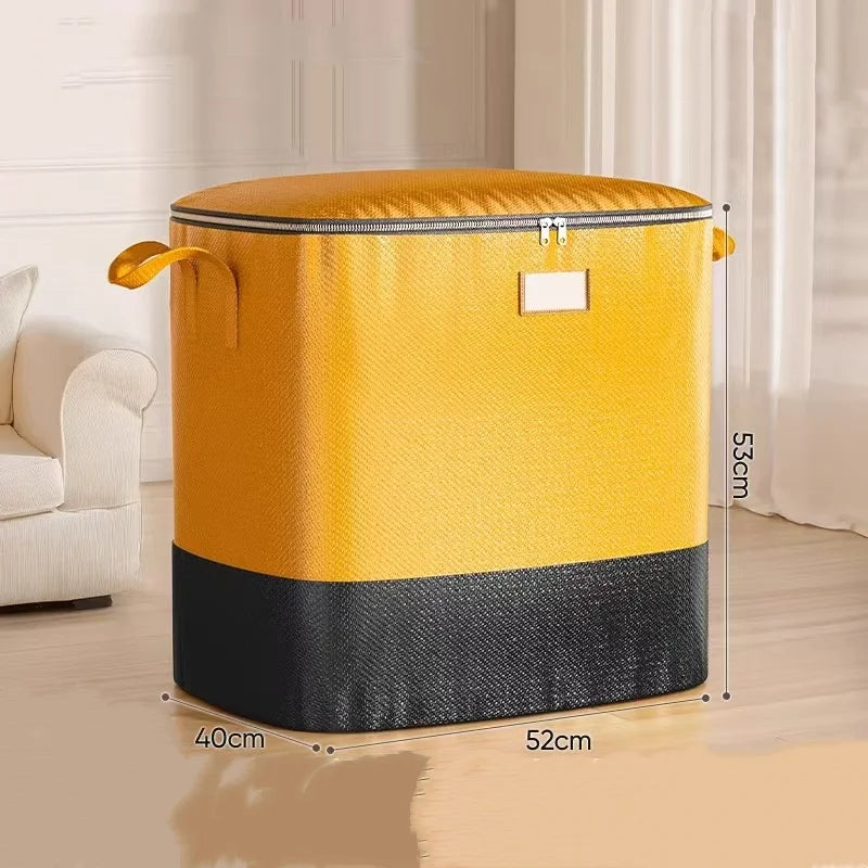 A yellow and black heavy duty waterproof storage bag standing on a wooden floor.