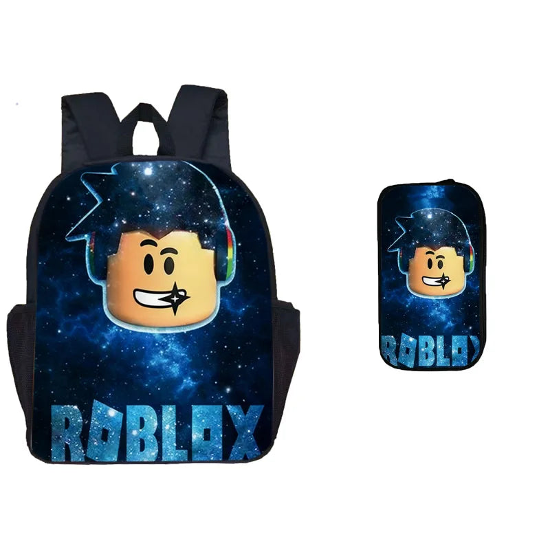 A black backpack with a glowing blue star design and a matching pen case featuring the Roblox logo.