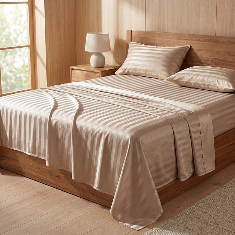 A beige satin bedding set is displayed on a wooden bed with striped sheets and pillows in a bright room.