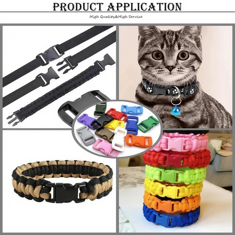 Various adjustable plastic paracord buckle bracelets and a cat wearing one.