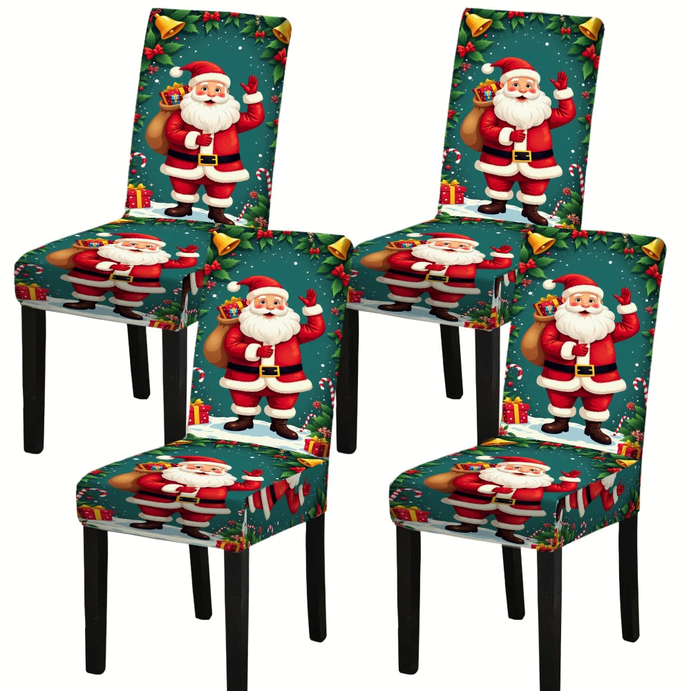 Set of four stretch chair covers featuring a Santa Claus pattern with red and white accents.