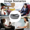 Various usage scenarios showing the adjustable memory foam travel neck pillow in car, train, plane, and office settings.