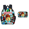 A black backpack featuring a Roblox theme, including character graphics and the Roblox logo.