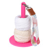 A pink adjustable yarn holder and winder set with a white knitted ball and a floral patterned leather strap.