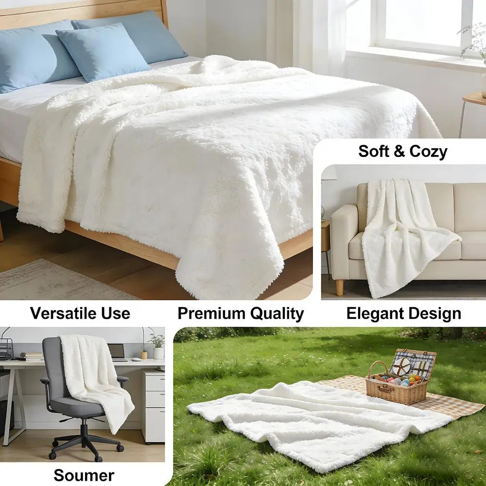 A white plush throw blanket is displayed in various settings, including on a bed, a sofa, and outdoors.
