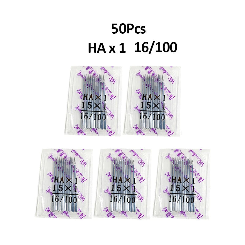 A set of 50 packs of HA x 16/100 sewing machine needles.