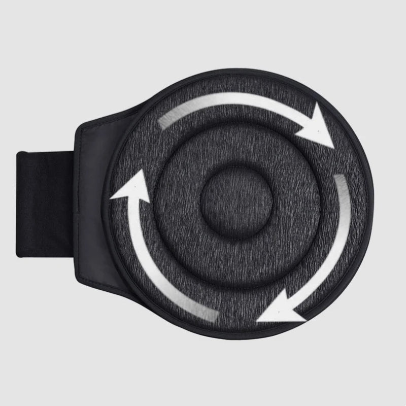 A black 360° rotating car seat cushion with a textured surface and white arrows indicating rotation.