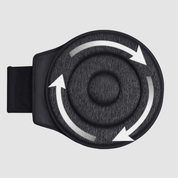 A black 360° rotating car seat cushion with a textured surface and white arrows indicating rotation.