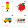 Four decorative patches showing a pencil, an apple, a school bus, and text reading BACK TO SCHOOL.